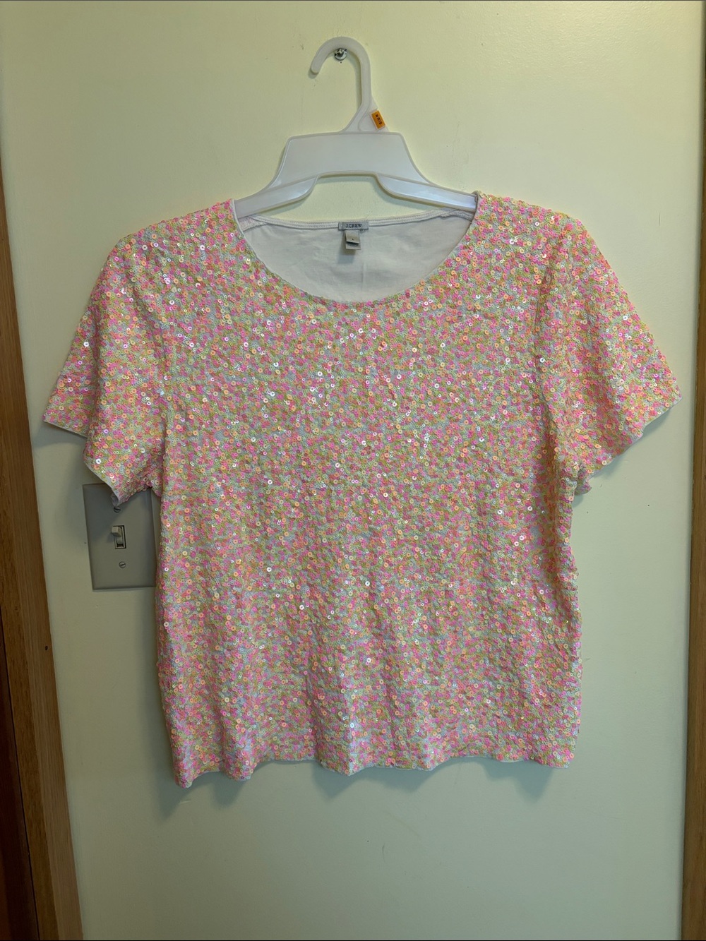 J. Crew Pink Sequin Short Sleeve Scoop Neck Top